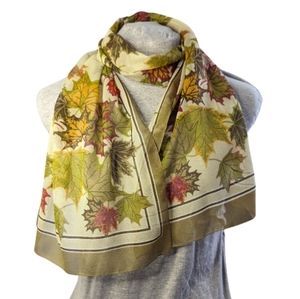Eleanor Paine autumn leaves green & yellow sheer silky scarf EUC